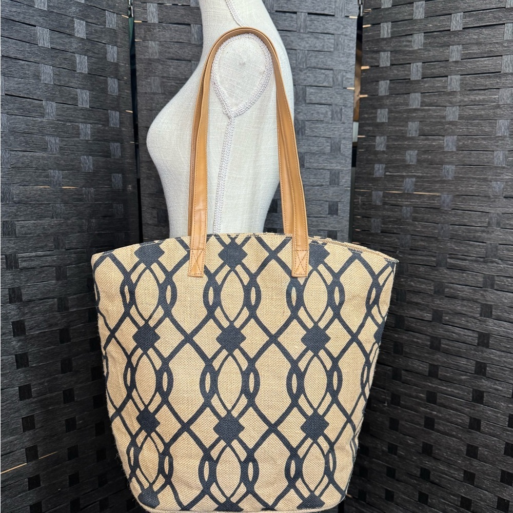 Elegant 100% Jute Tan and Black Geometric Patterned Tote Bag